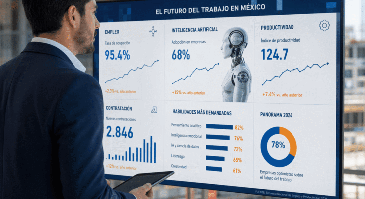 Profesional analiza datos del mercado laboral en México 2026 con gráficos de empleo, inteligencia artificial y contratación